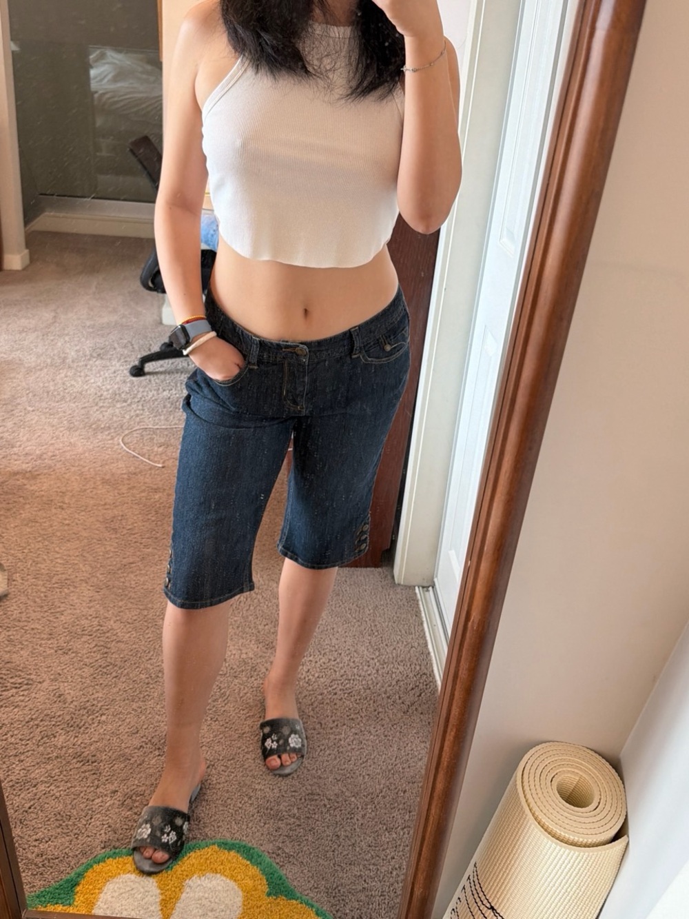 Classic Dark Blue Denim Knee-Length Women's Jeans